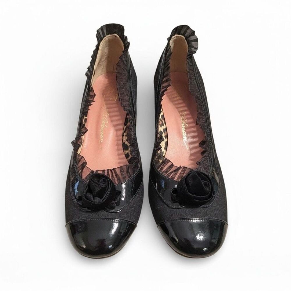 Vintage Betsey Johnson Black Kitten Heels with Rosette and Ruffle Trim